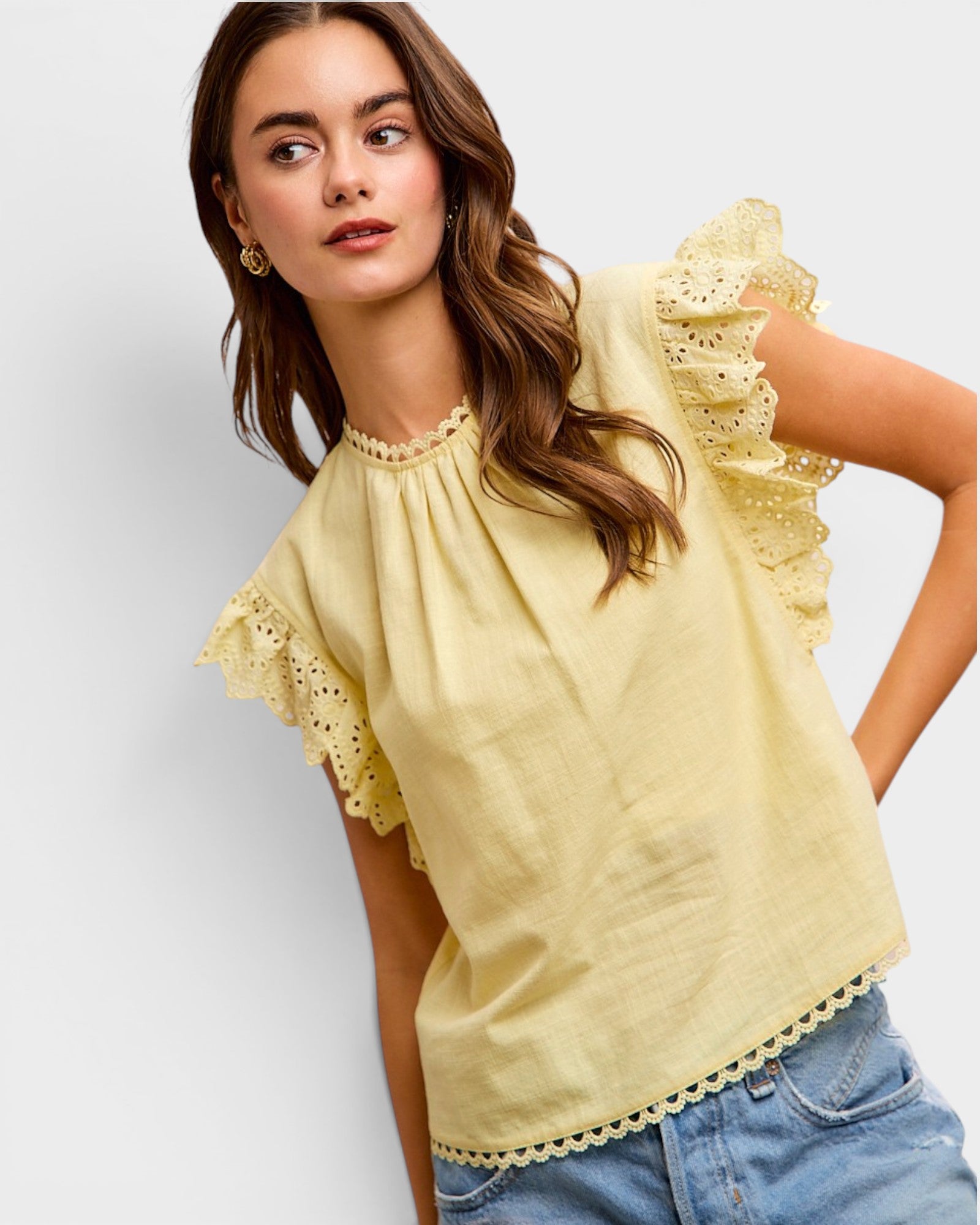 Creamy Yellow Cotton Eyelet Sleeve Top