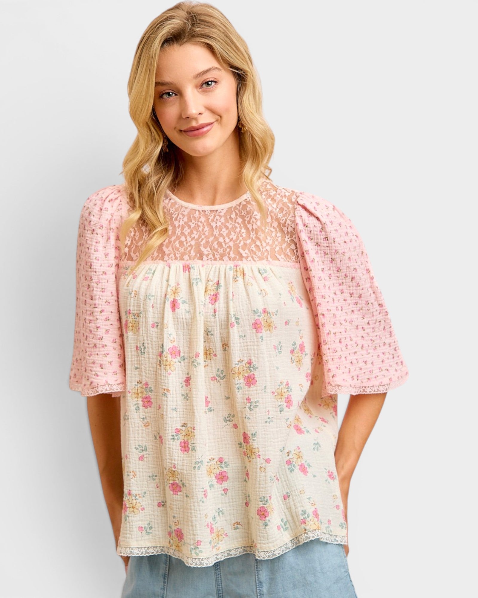 Cream & Pink Floral Lace Top