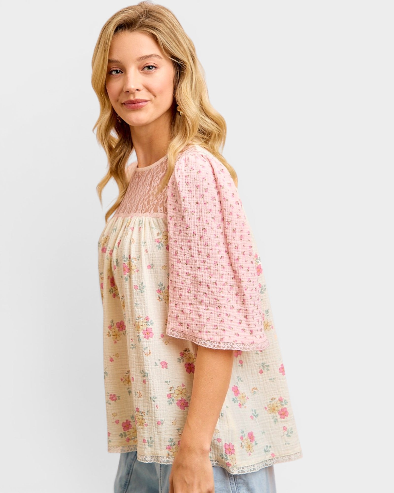 Cream & Pink Floral Lace Top