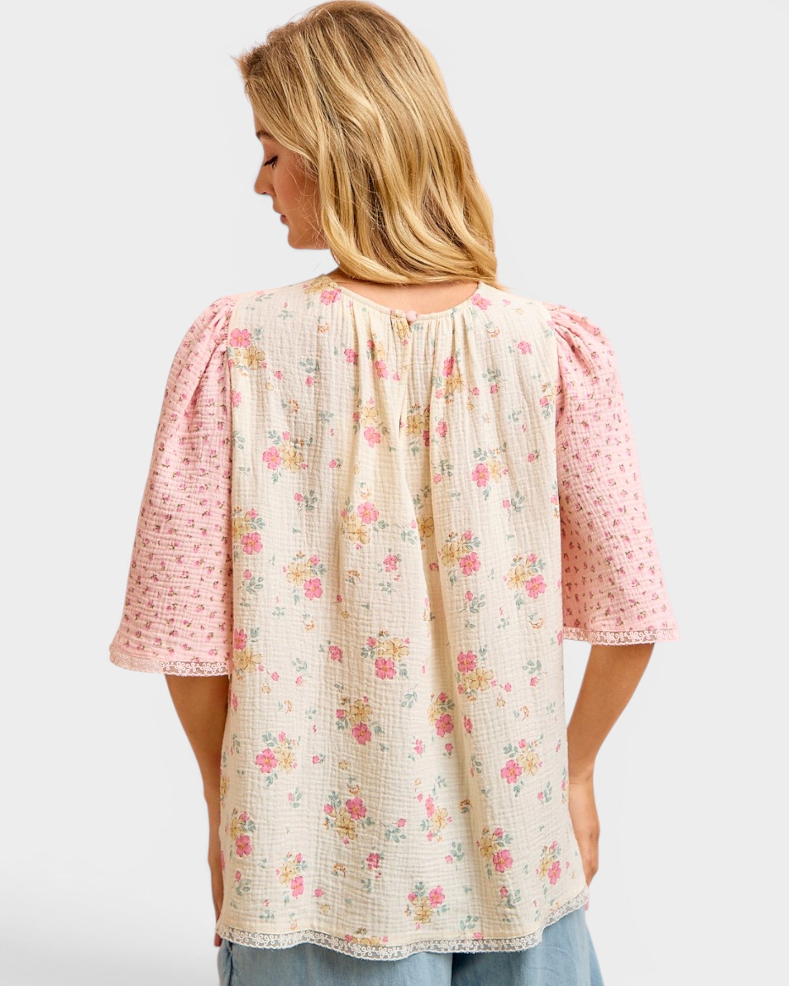Cream & Pink Floral Lace Top