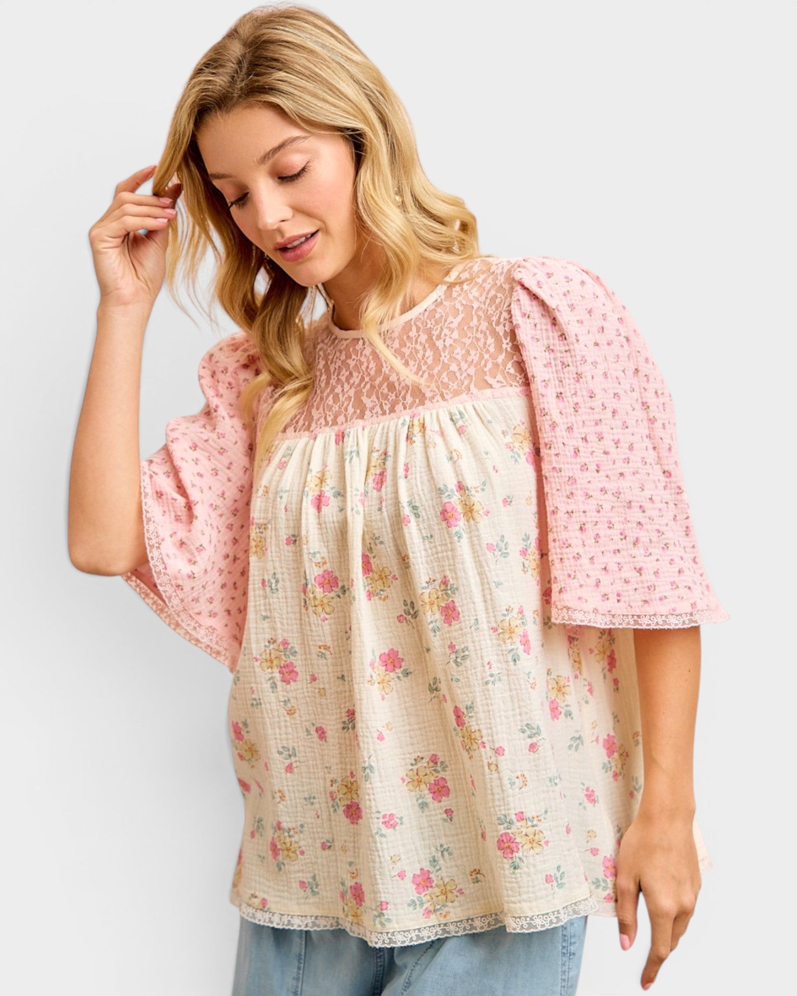 Cream & Pink Floral Lace Top