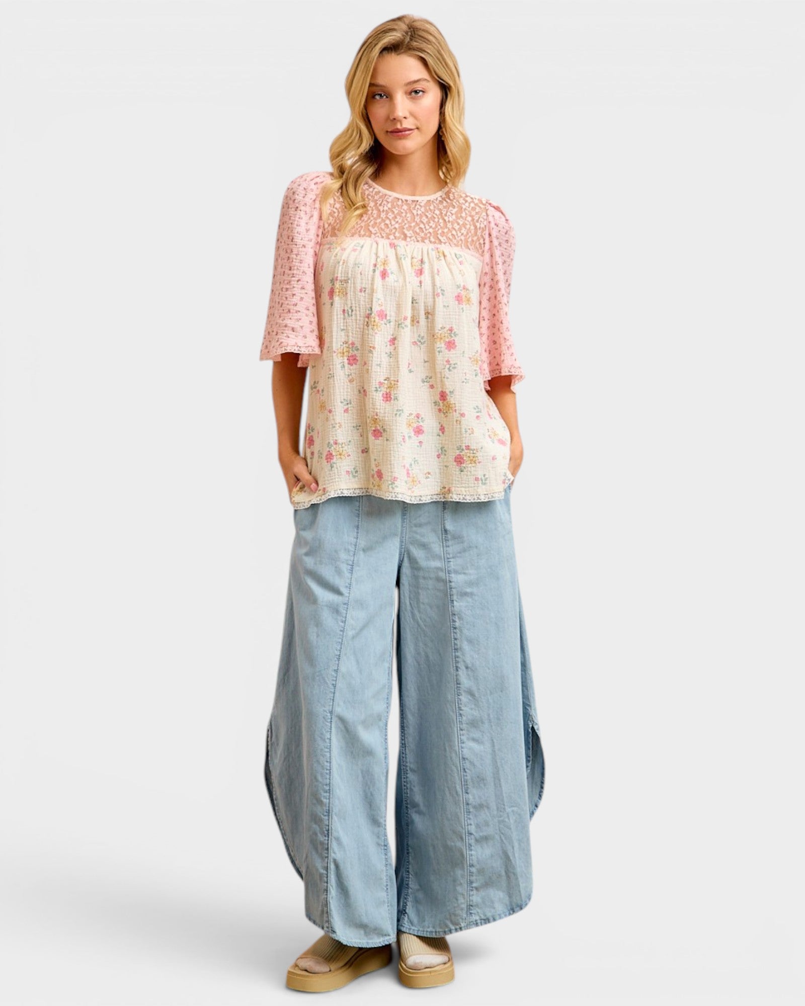 Cream & Pink Floral Lace Top
