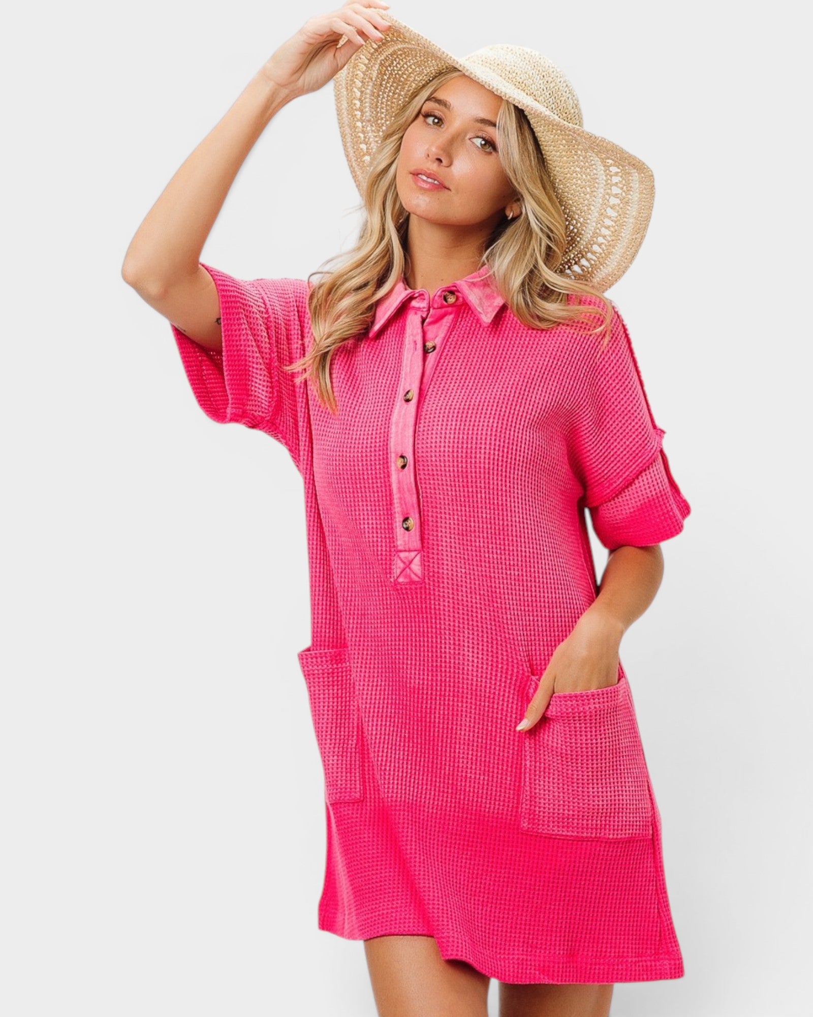 Hot Pink Waffle Collared Mini Dress