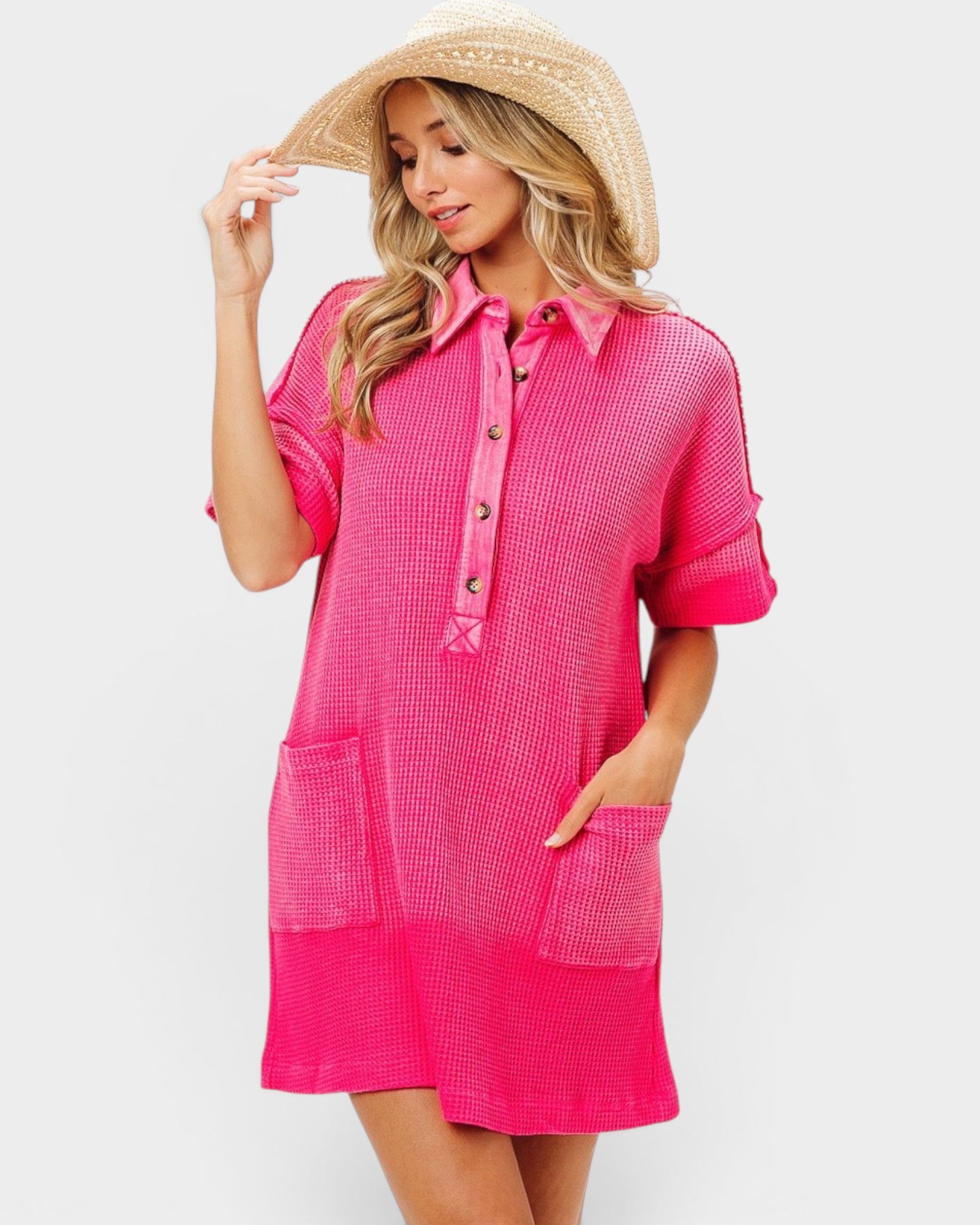 Hot Pink Waffle Collared Mini Dress