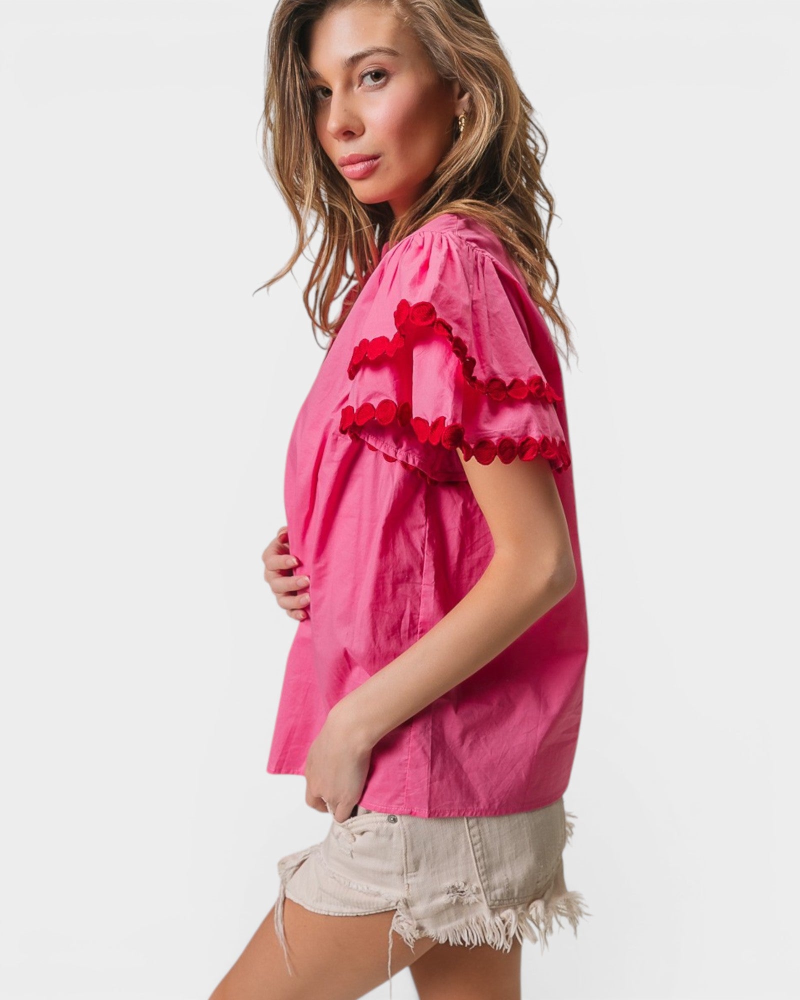 Watermelon Pom Trim Flutter Sleeve Blouse
