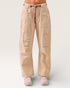 Beige striped pants with a drawstring on a white background