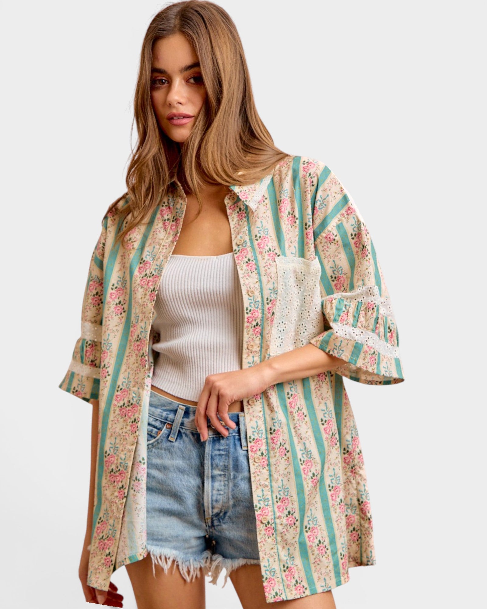 Teal Floral Stripe Eyelet Button-Up Top