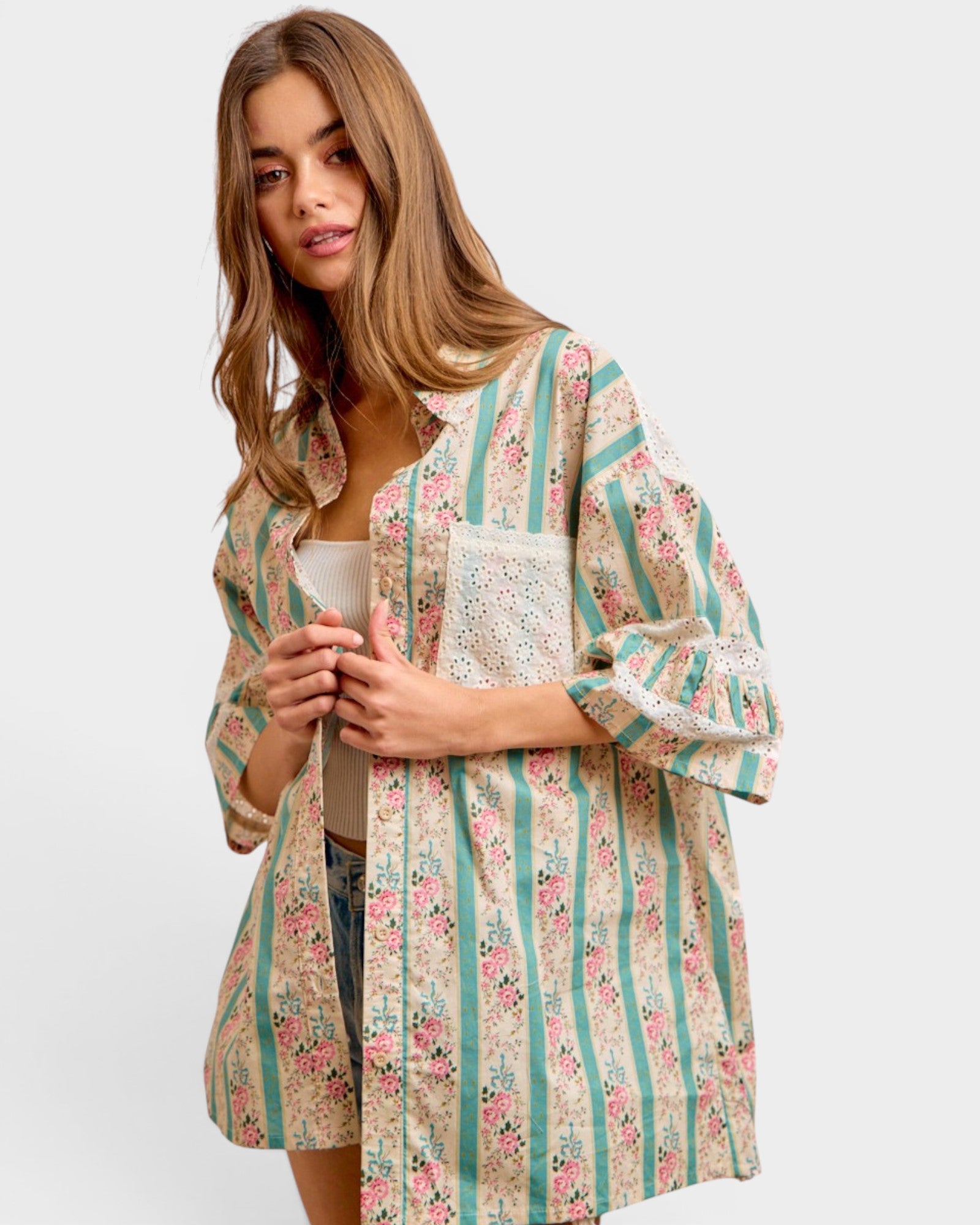 Teal Floral Stripe Eyelet Button-Up Top