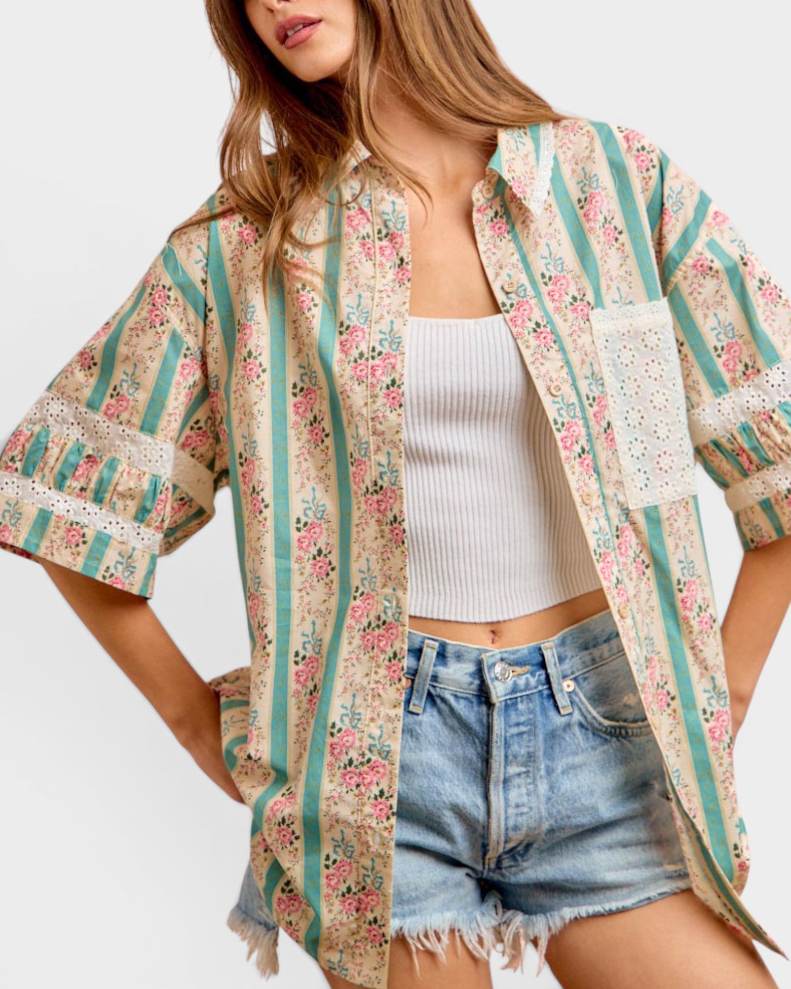 Teal Floral Stripe Eyelet Button-Up Top
