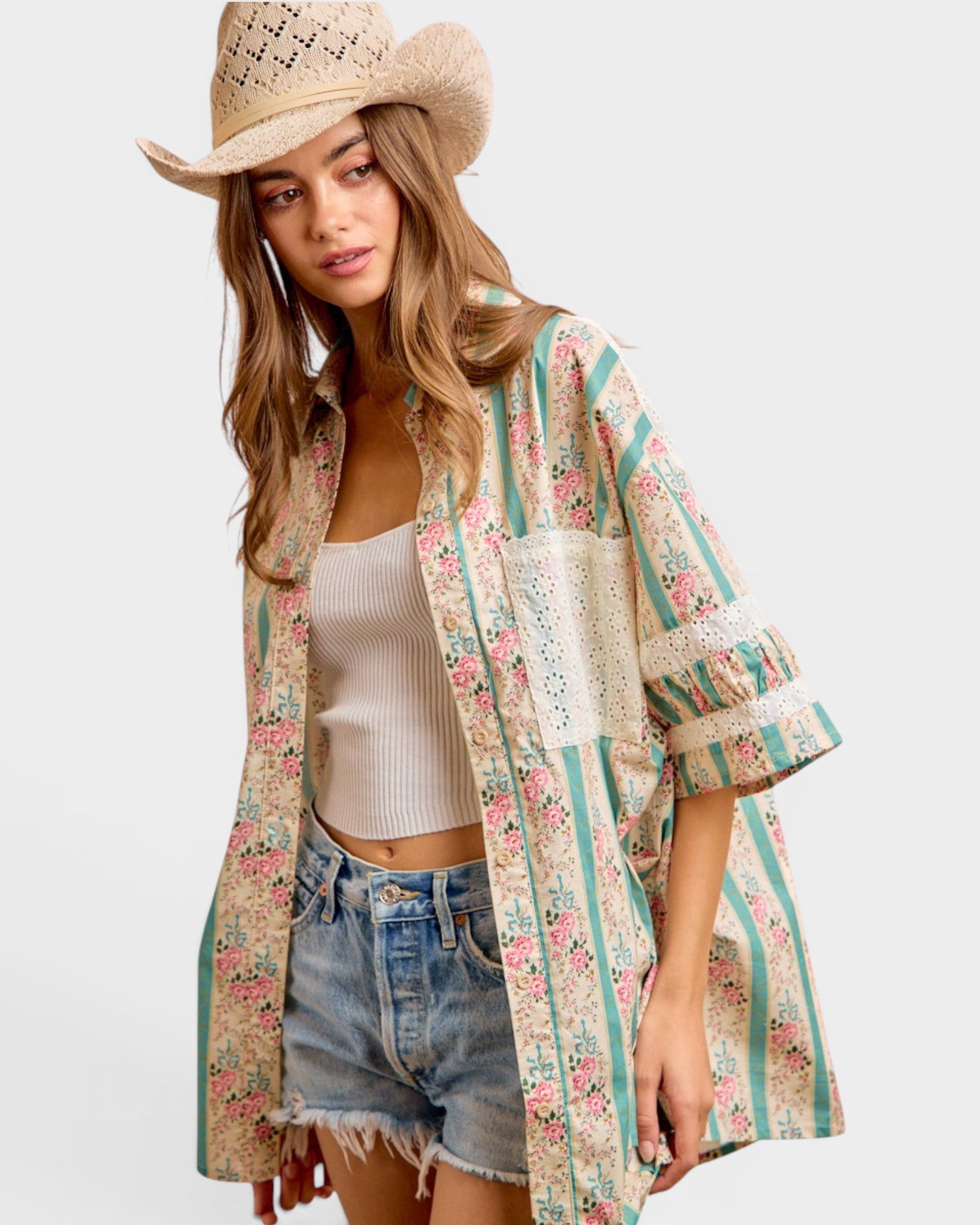 Teal Floral Stripe Eyelet Button-Up Top