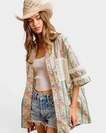 Teal Floral Stripe Eyelet Button-Up Top
