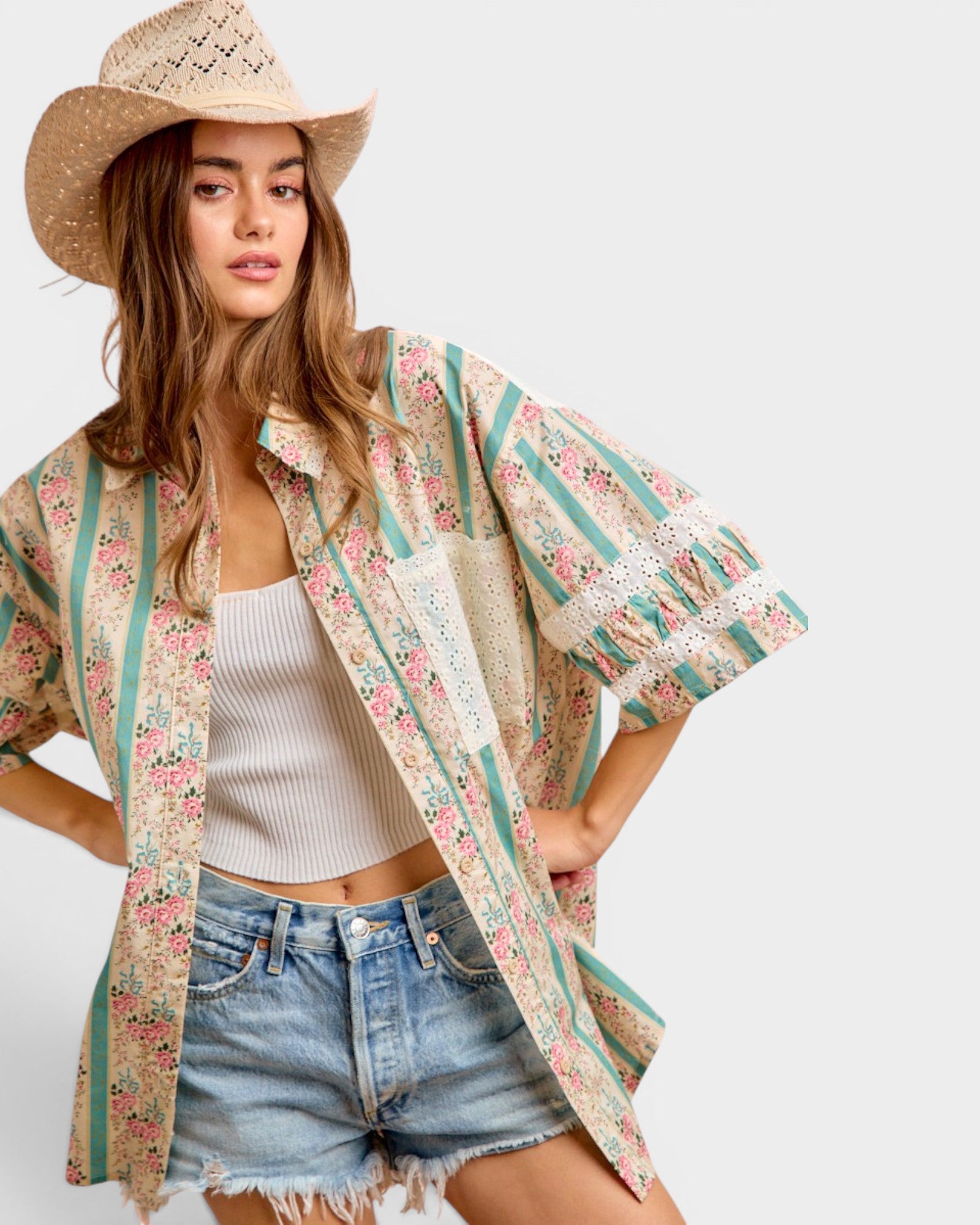 Teal Floral Stripe Eyelet Button-Up Top