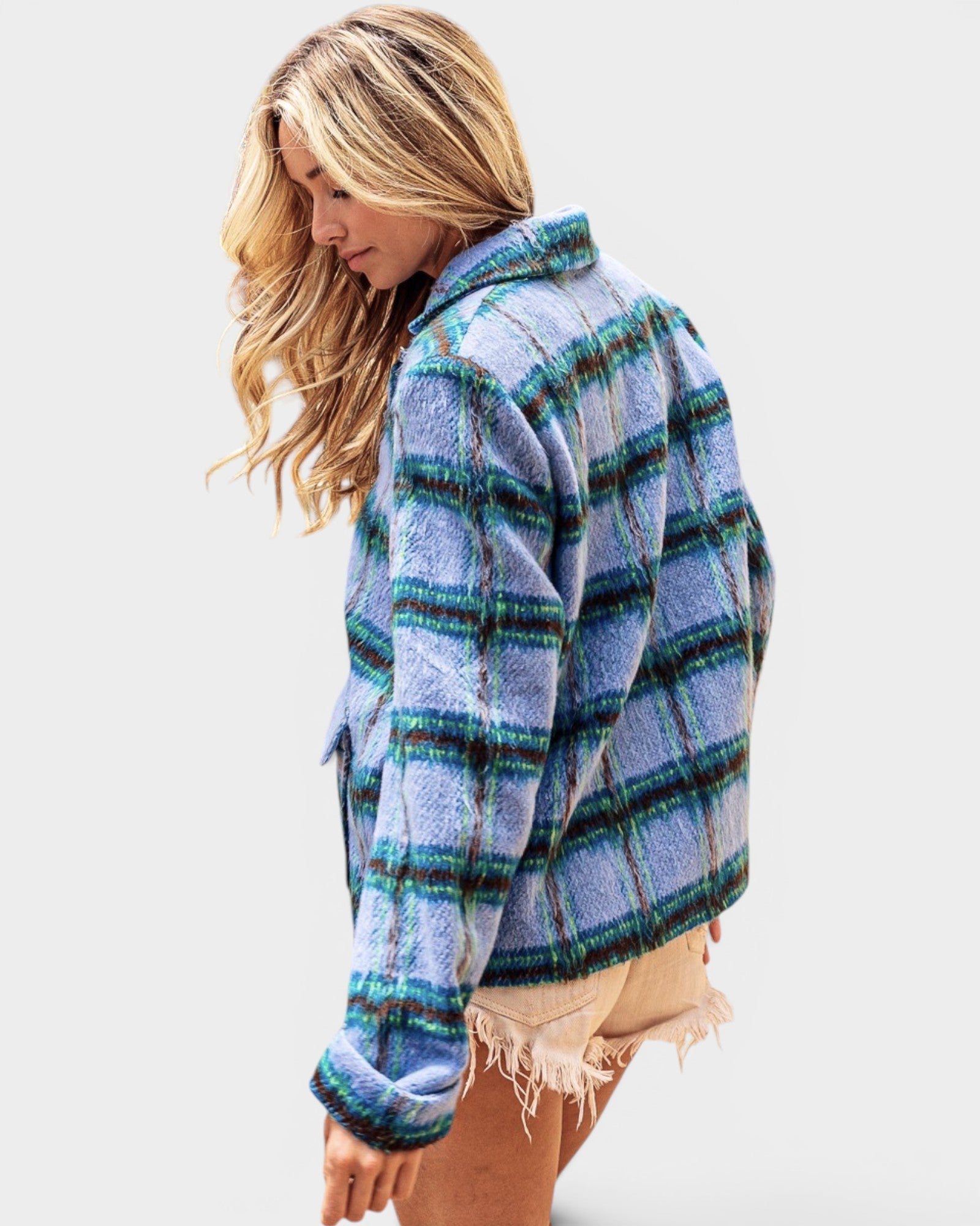 Light Blue Plaid Button Front Jacket