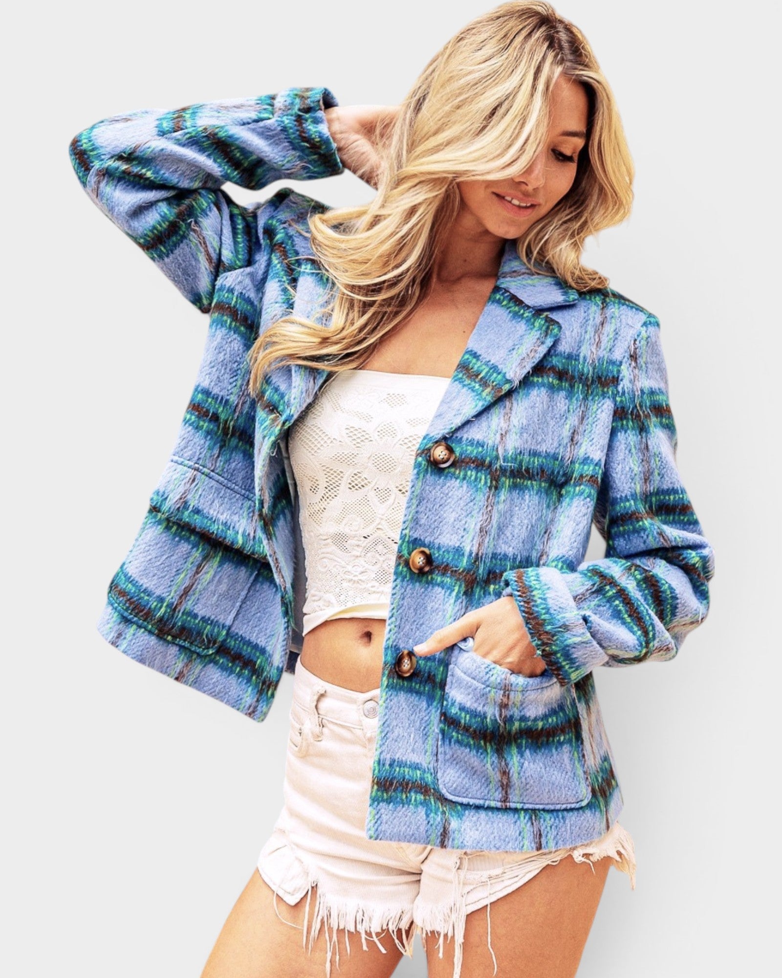 Light Blue Plaid Button Front Jacket