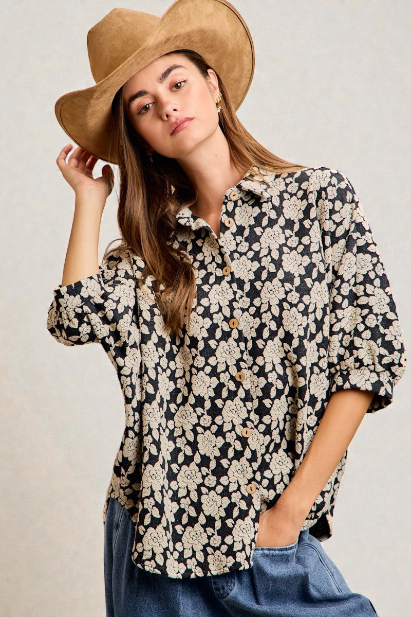 Black & Cream Floral Button Down Top