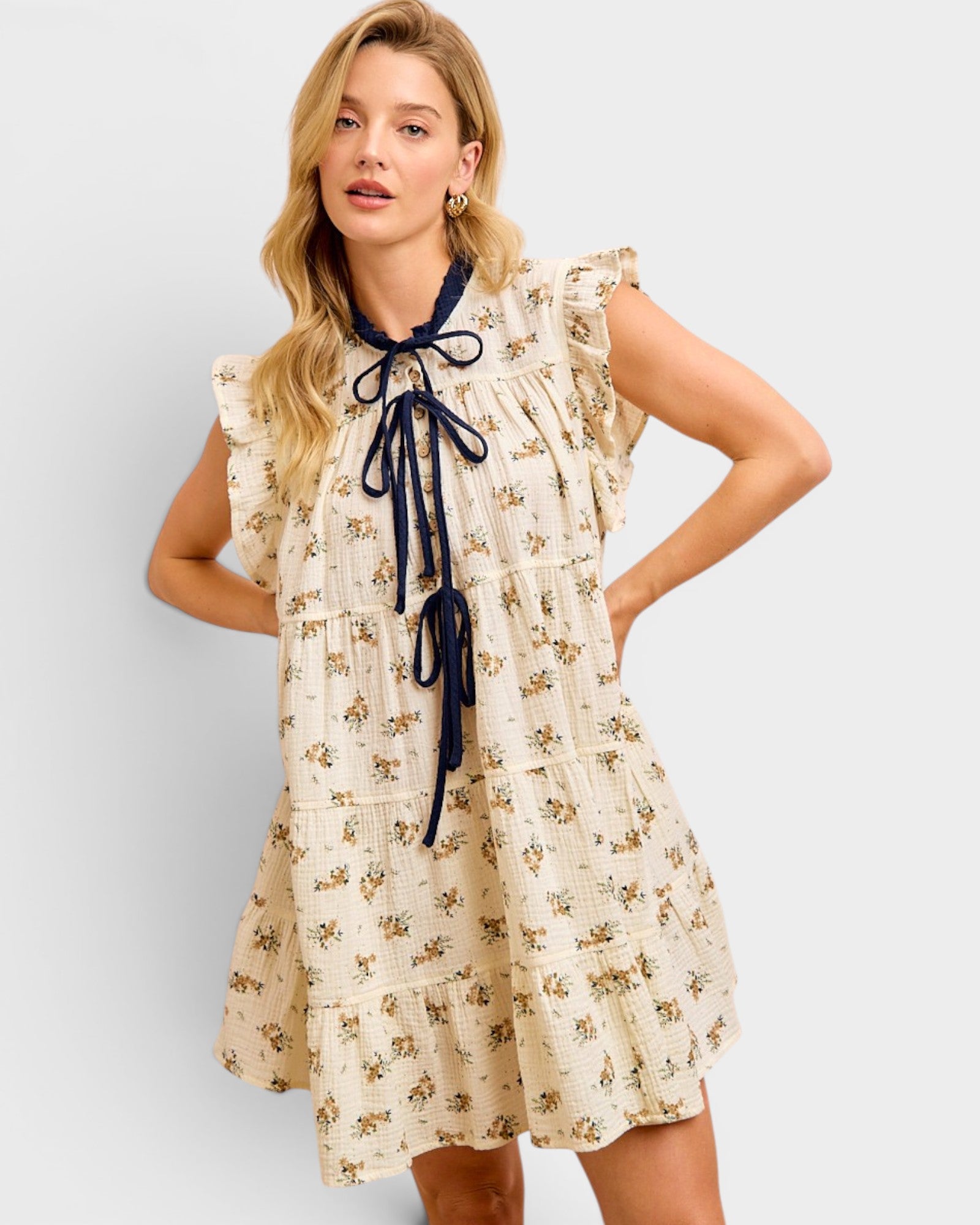 Oatmeal & Navy Floral Tiered Mini Dress