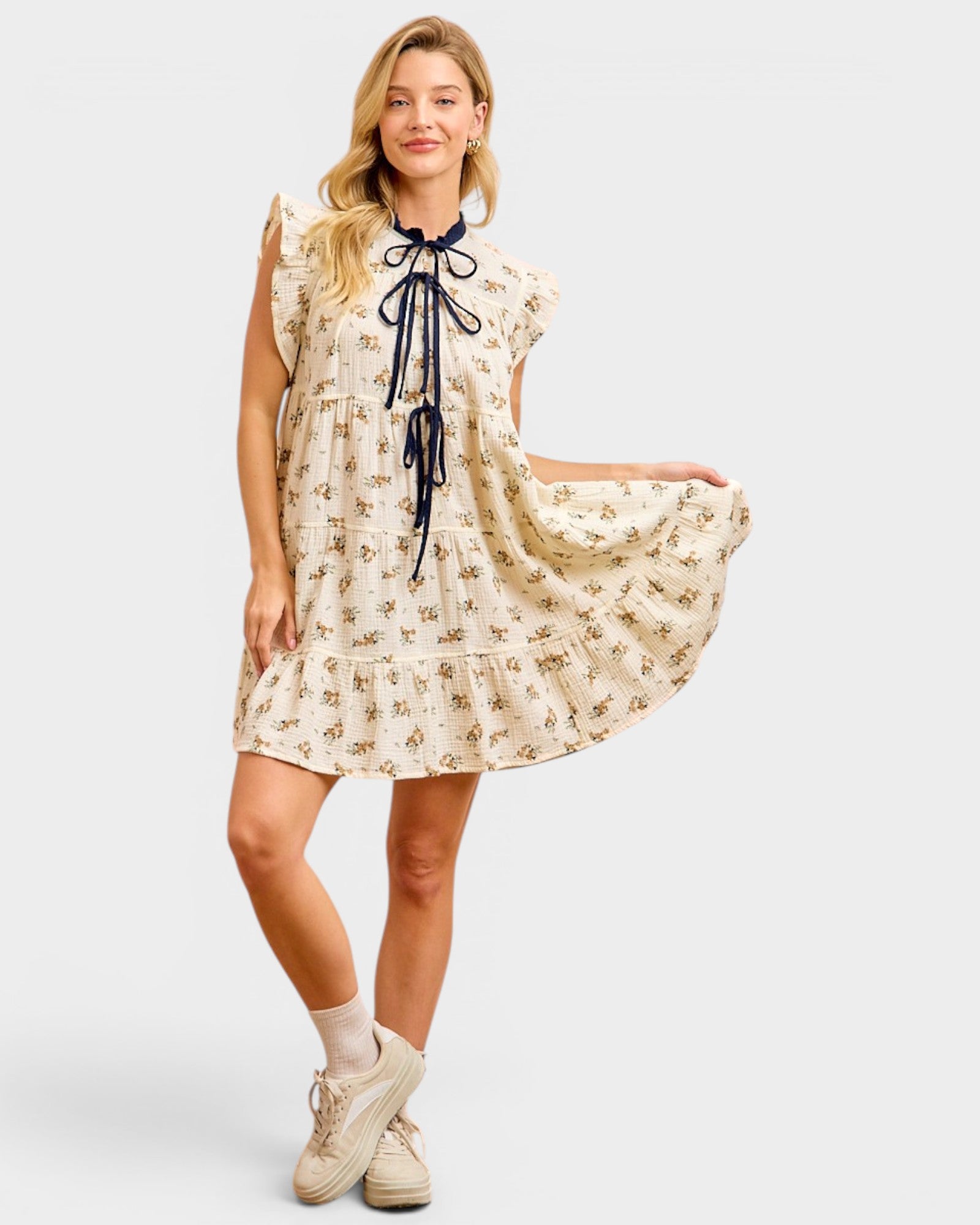 Oatmeal & Navy Floral Tiered Mini Dress