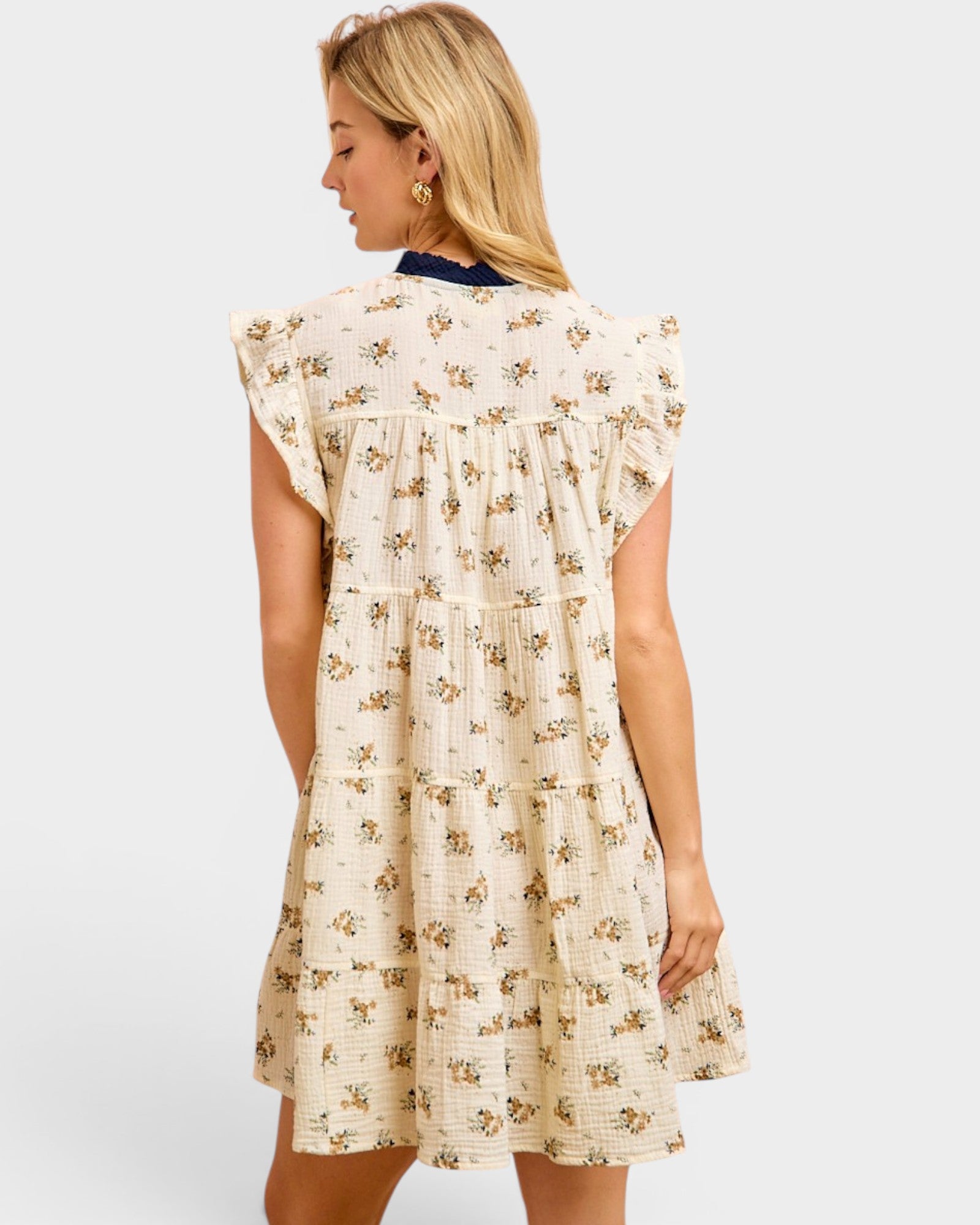 Oatmeal & Navy Floral Tiered Mini Dress