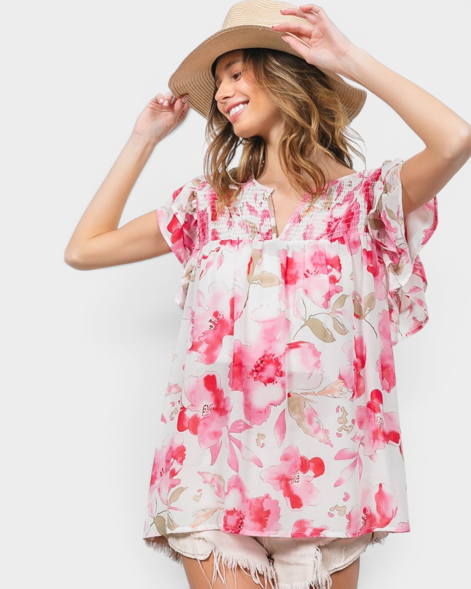 White & Pink Floral Ruffle Sleeve Top