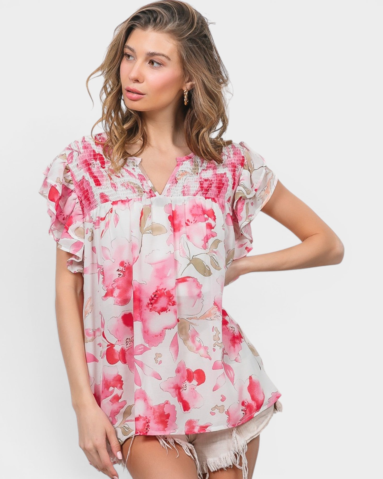 White & Pink Floral Ruffle Sleeve Top