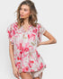 White & Pink Floral Ruffle Sleeve Top