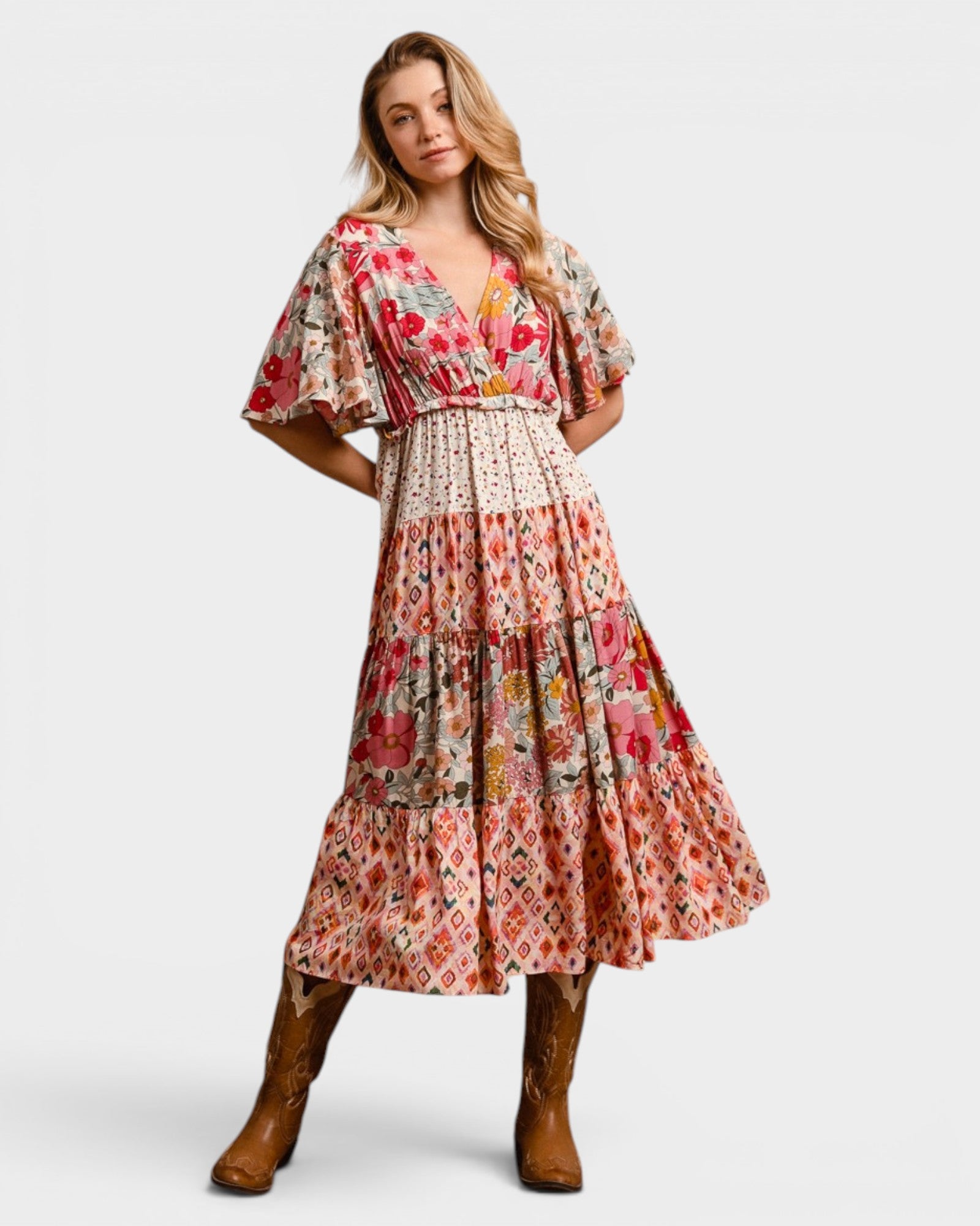 Rose Patchwork Floral Midi Dress