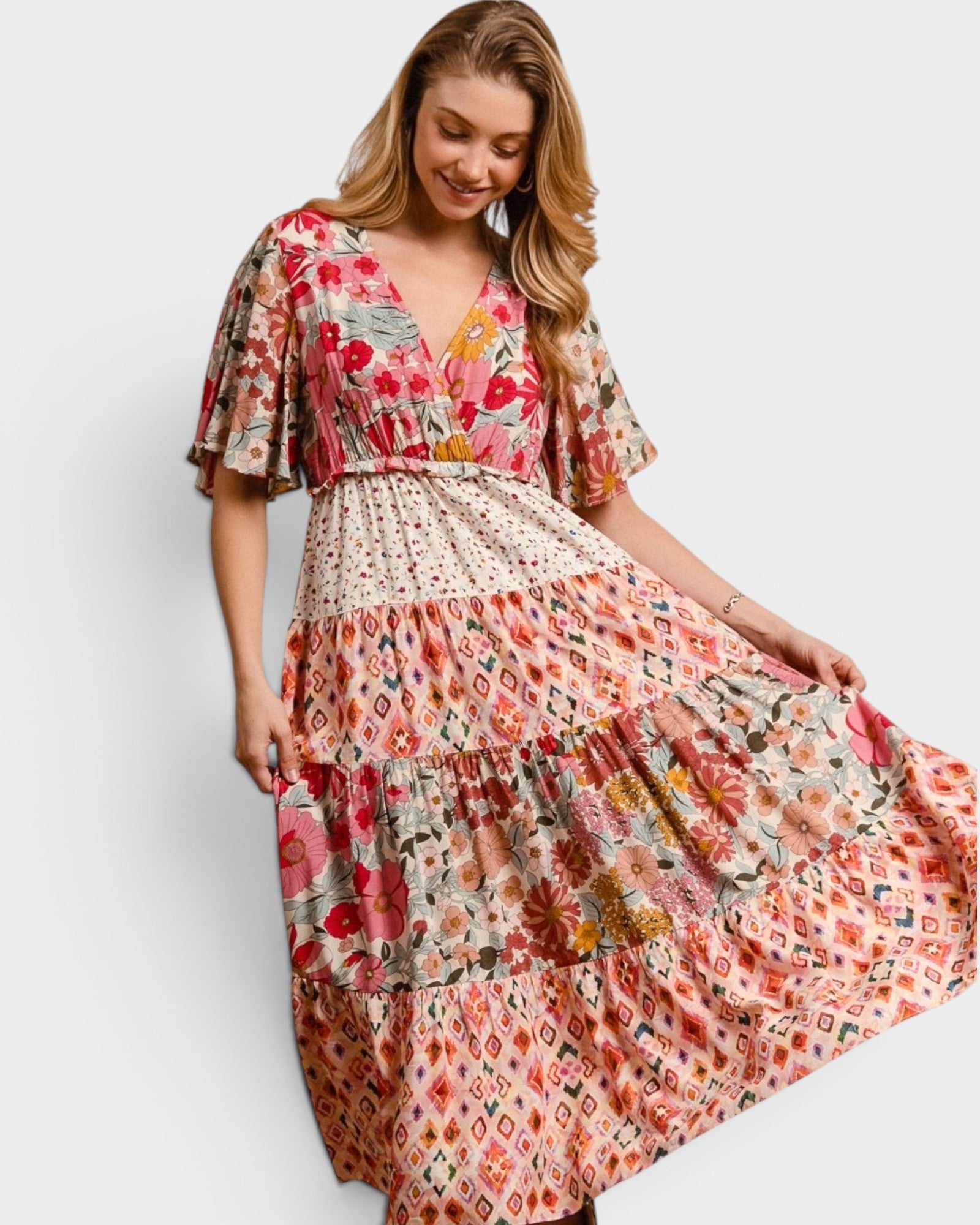 Rose Patchwork Floral Midi Dress