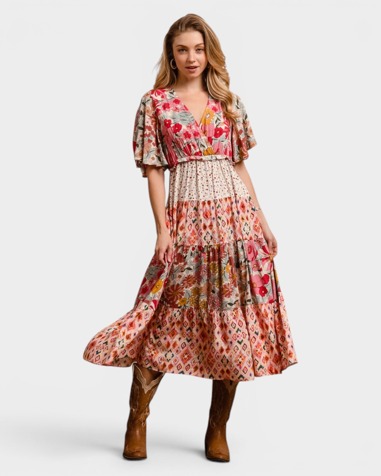 Rose Patchwork Floral Midi Dress