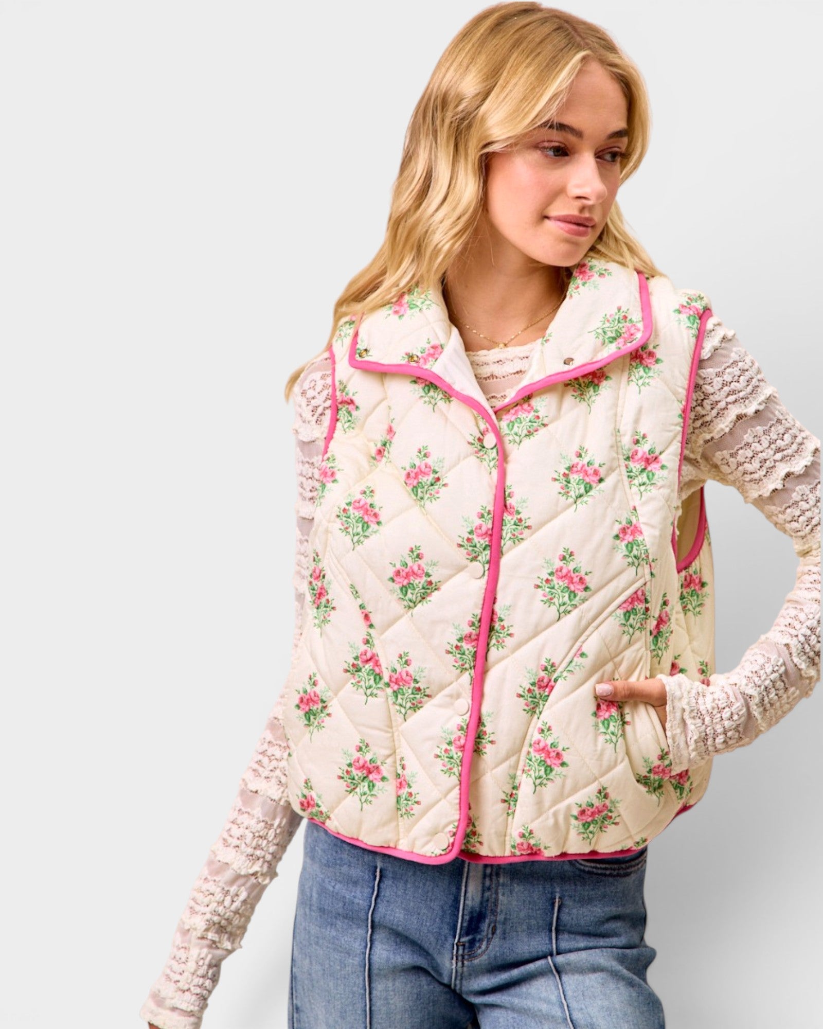 Cream & Pink Floral Quilted Vest