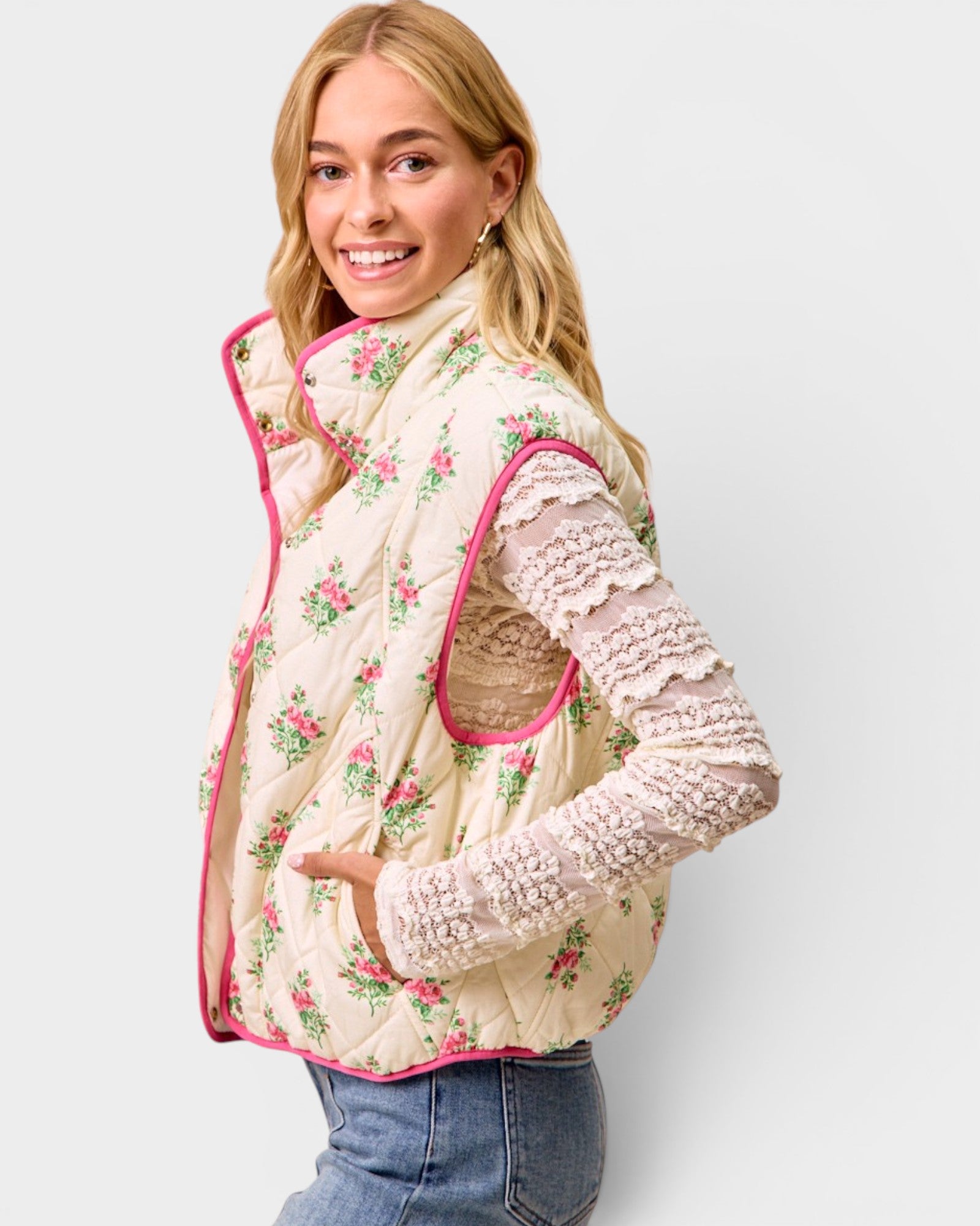 Cream & Pink Floral Quilted Vest