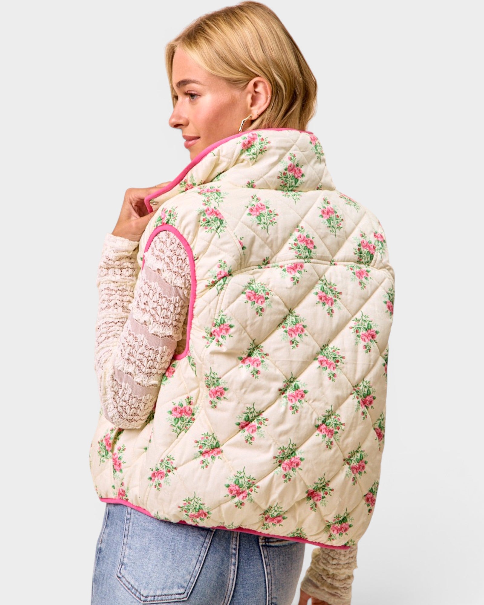 Cream & Pink Floral Quilted Vest