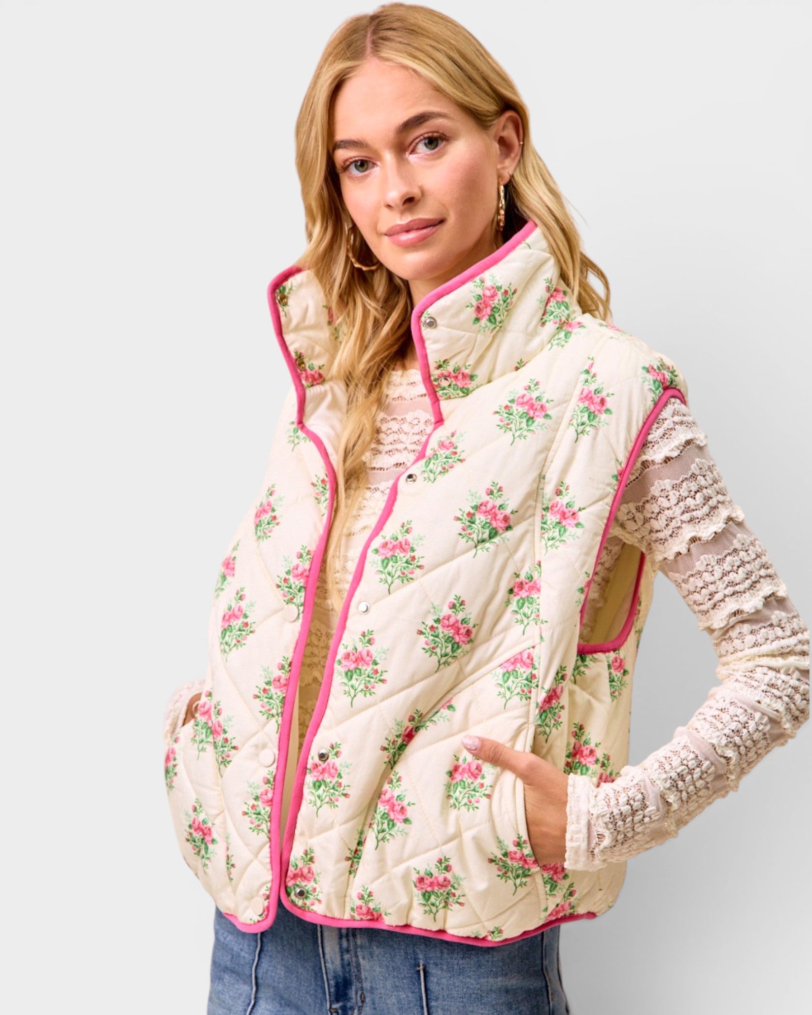 Cream & Pink Floral Quilted Vest