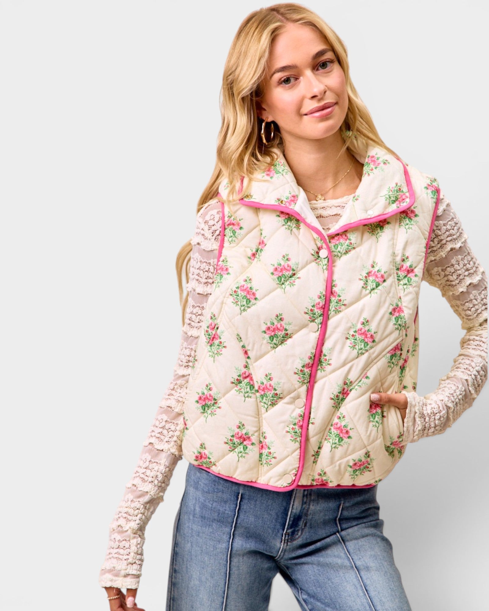 Cream & Pink Floral Quilted Vest