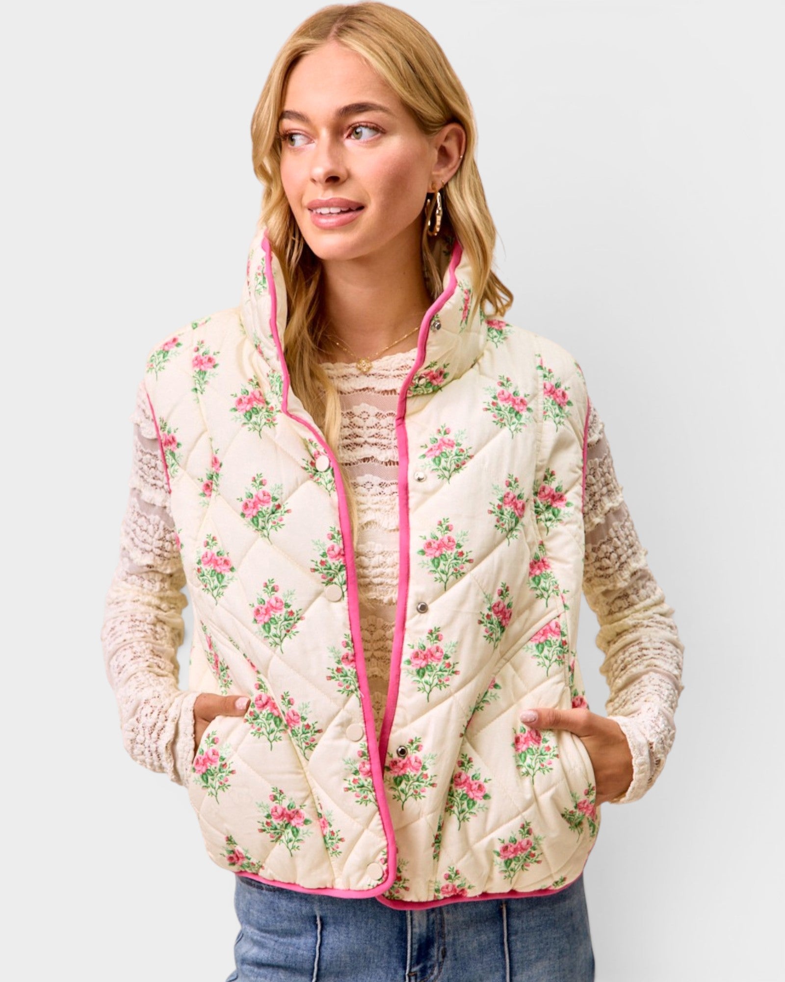 Cream & Pink Floral Quilted Vest