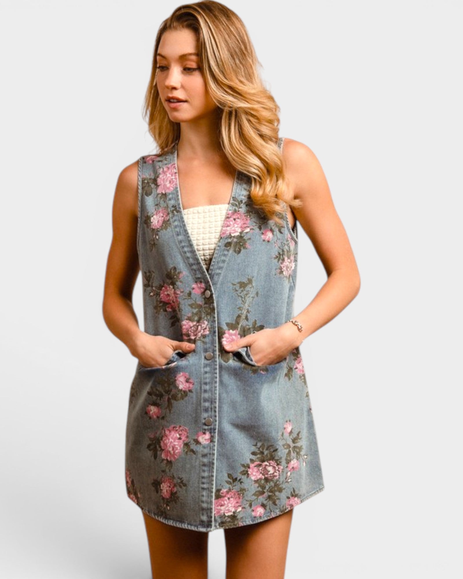 BIBI Dusty Blue Floral Denim Vest – Beach Rose Co