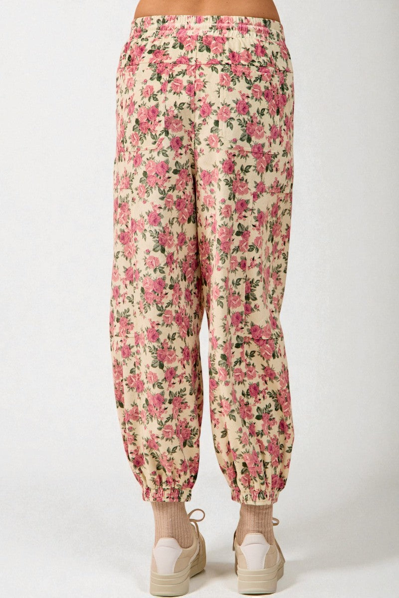 Floral patterned pants on a white background