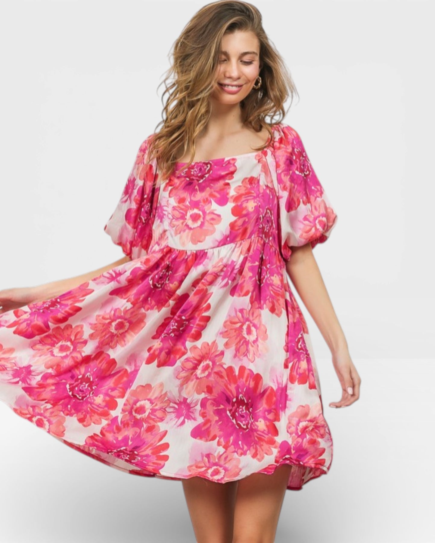Hot Pink Floral Square Neck Puff Sleeve Babydoll Dress