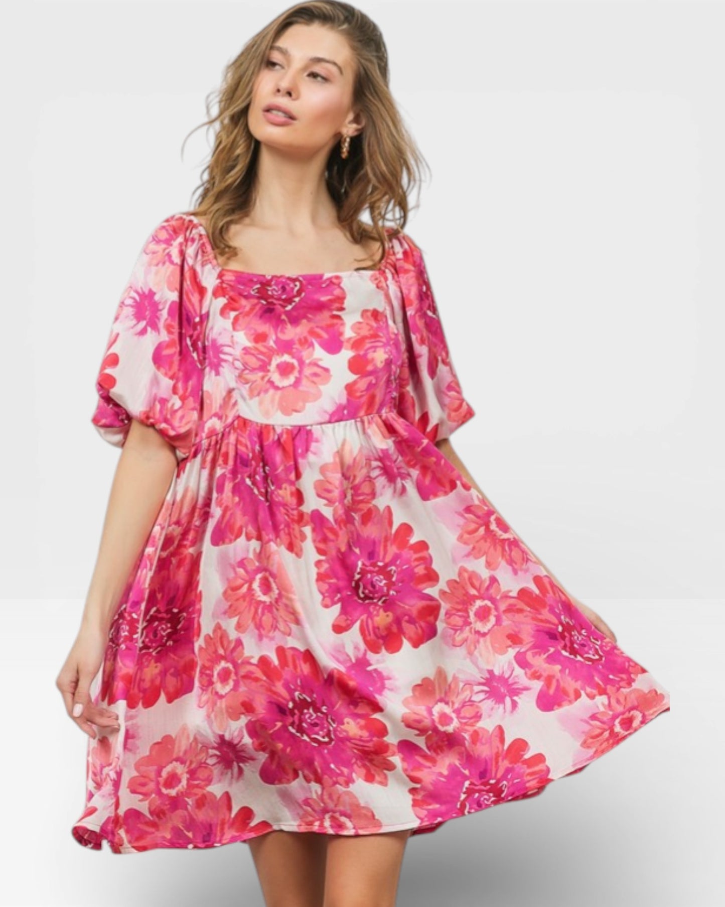 Hot Pink Floral Square Neck Puff Sleeve Babydoll Dress