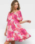 Hot Pink Floral Square Neck Puff Sleeve Babydoll Dress
