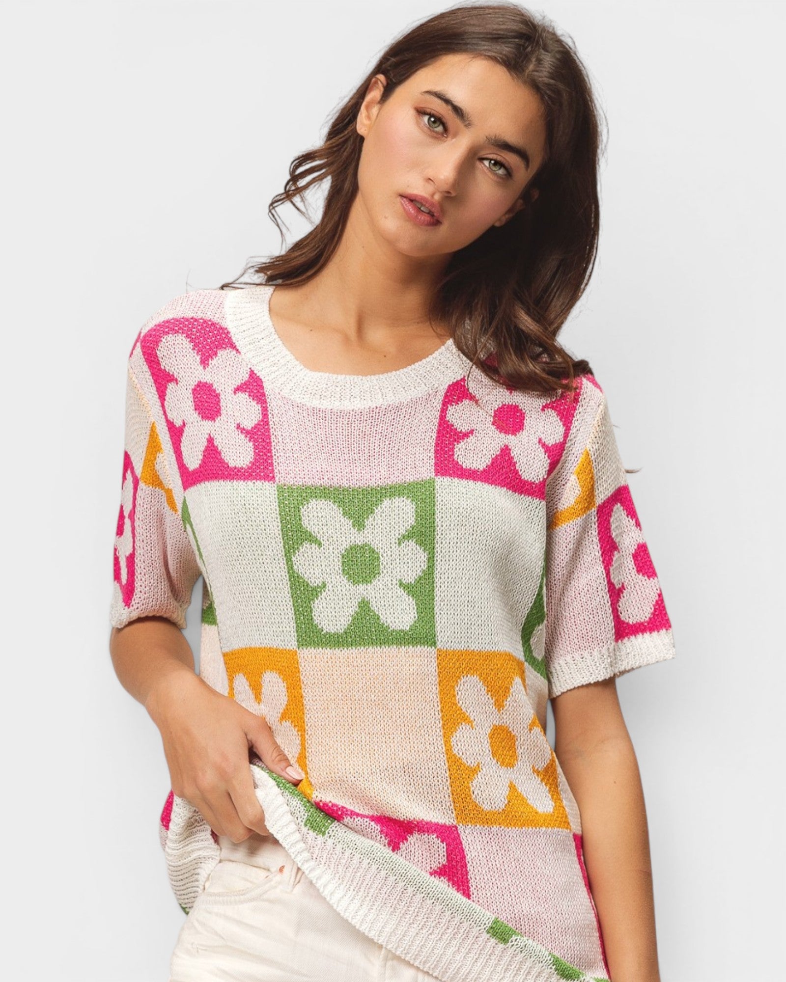 Pink Floral Checkered Sweater Top