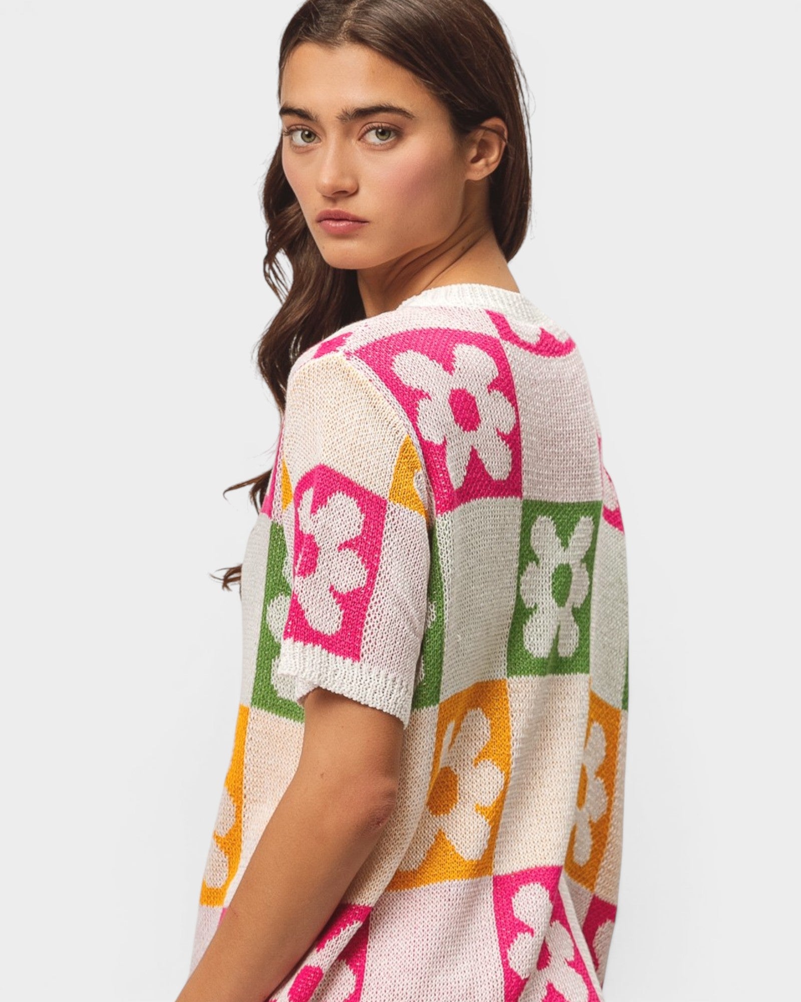 Pink Floral Checkered Sweater Top
