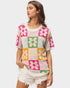 Pink Floral Checkered Sweater Top