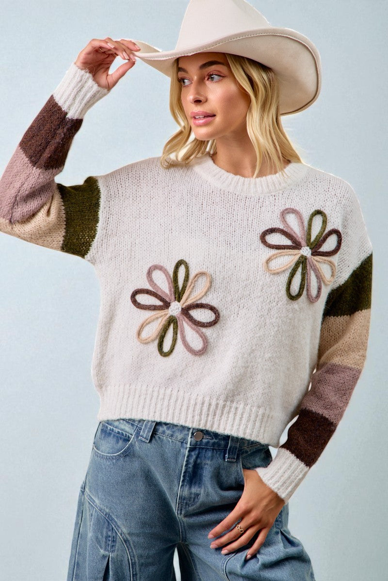 Woman wearing a sweater with flower patterns and a wide-brimmed hat against a light blue background