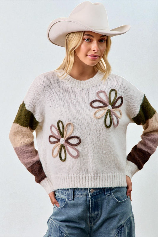 Woman wearing a white sweater with flower patterns, a cowboy hat, and jeans on a light gray background