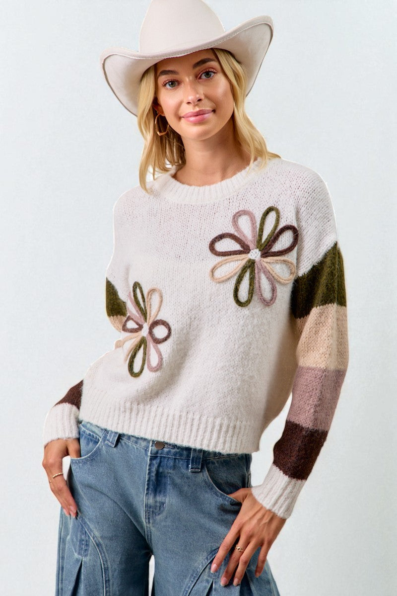 Woman wearing a white sweater with floral designs and wide-brimmed hat on a light background