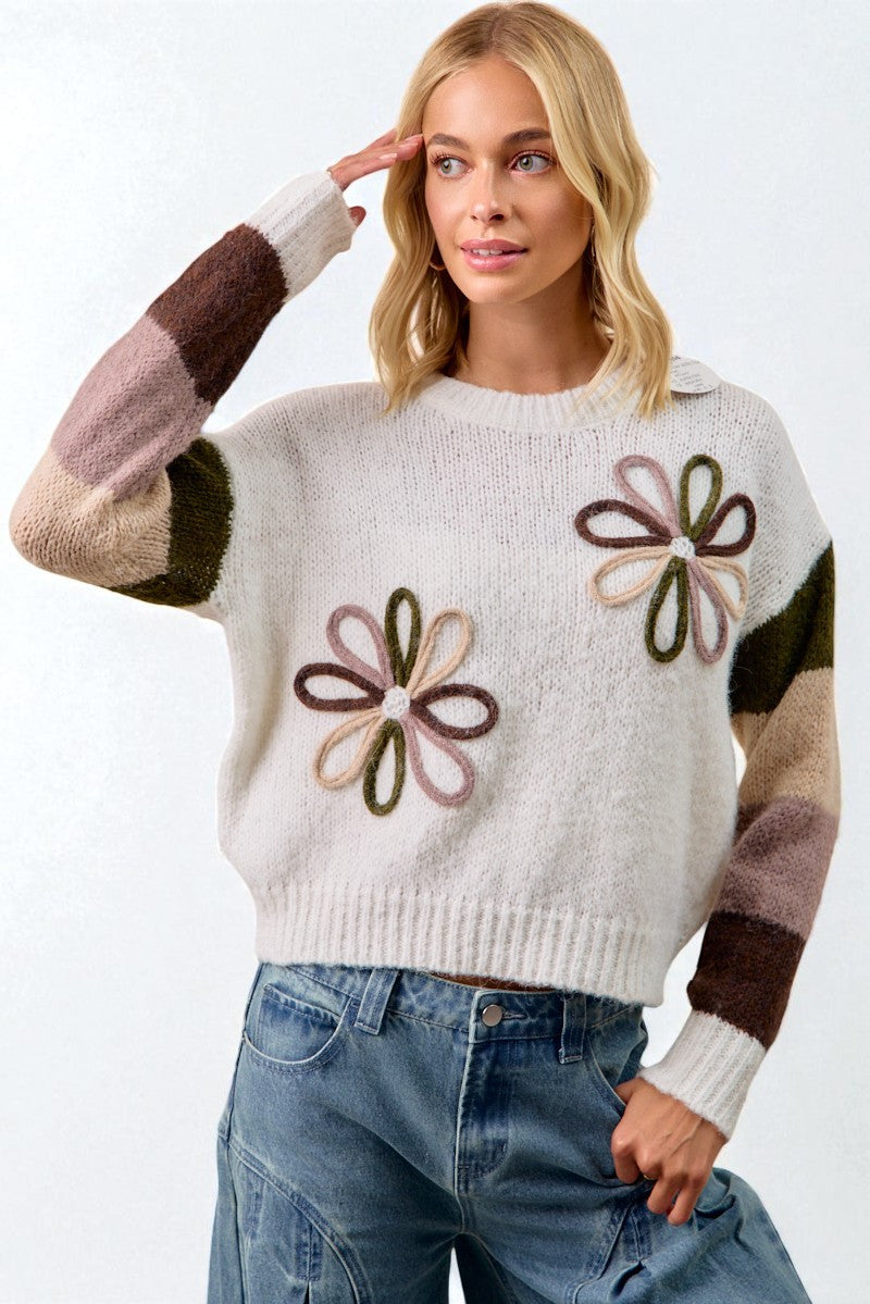 Woman wearing a sweater with floral patterns on a white background
