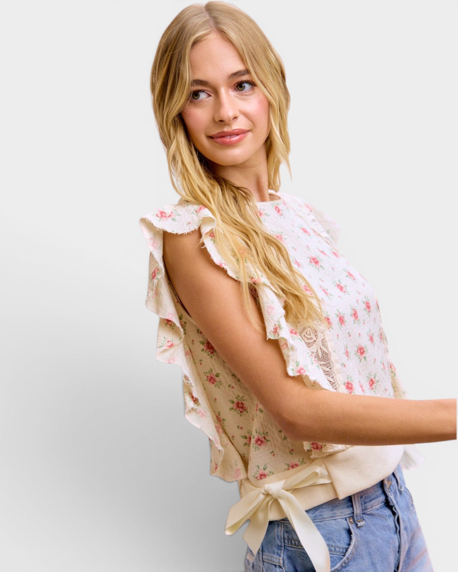 Ivory Floral Ruffle Sleeve Cotton Top