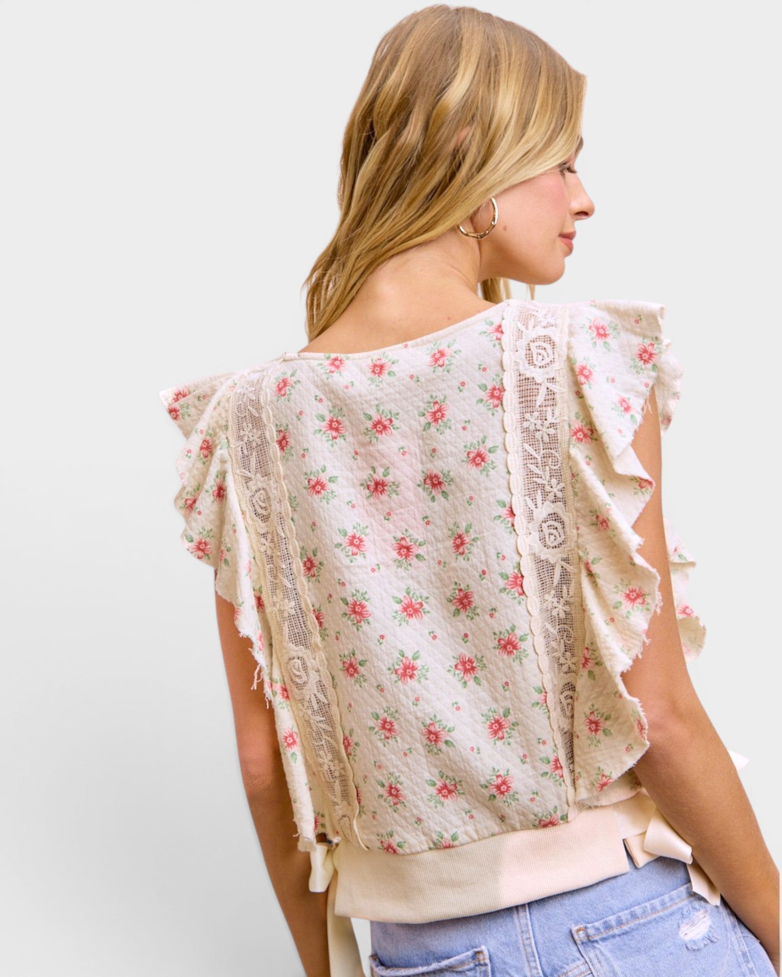 Ivory Floral Ruffle Sleeve Cotton Top