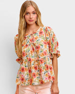 Coral Floral Tie Front Peplum Top