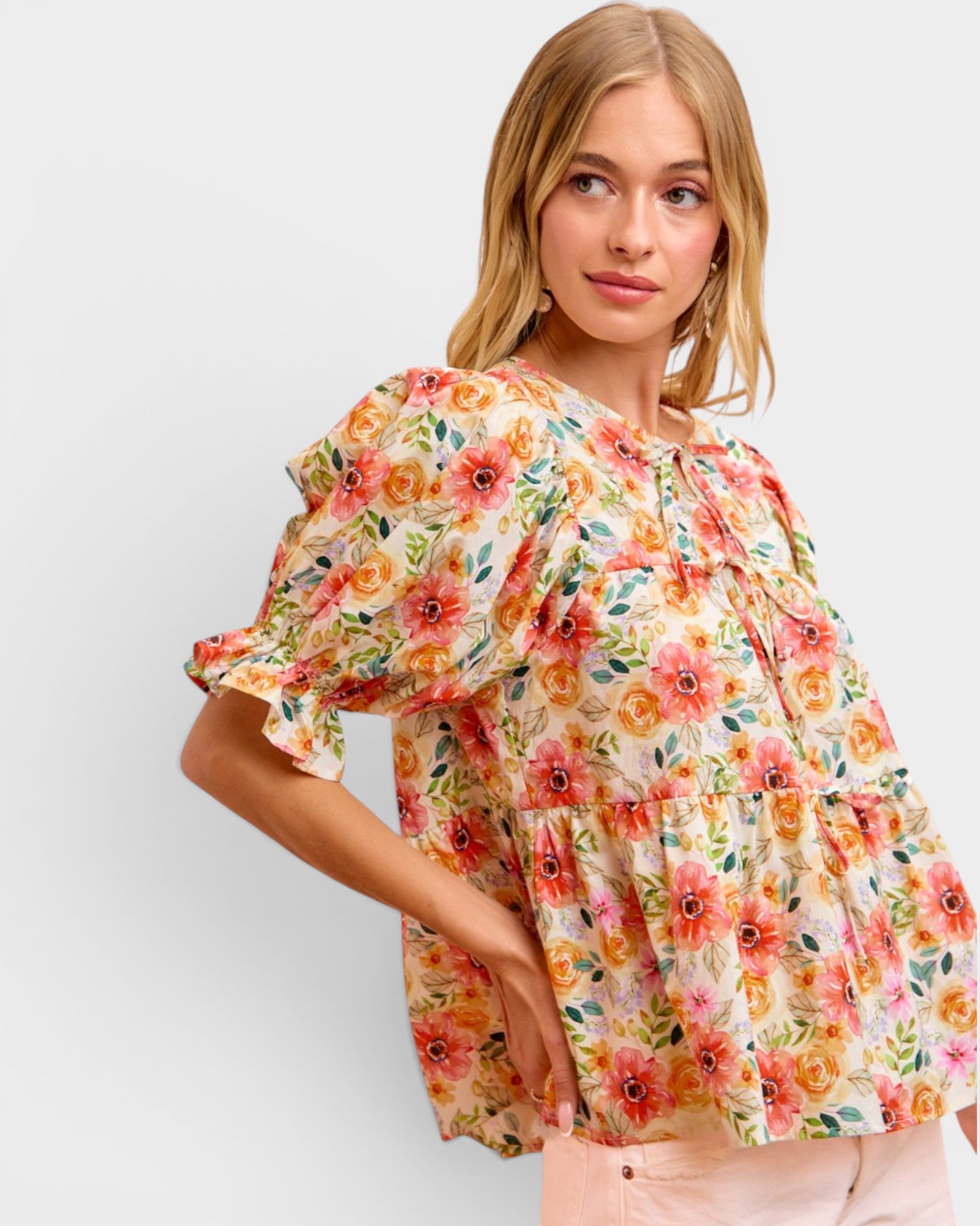 Coral Floral Tie Front Peplum Top